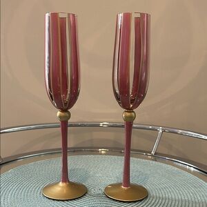 Champagne Glasses With Pink and Goldtone/Bronze Stripes, Set of 2